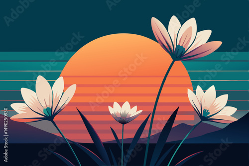 Minimalist floral line art over muted gradient vector illustration