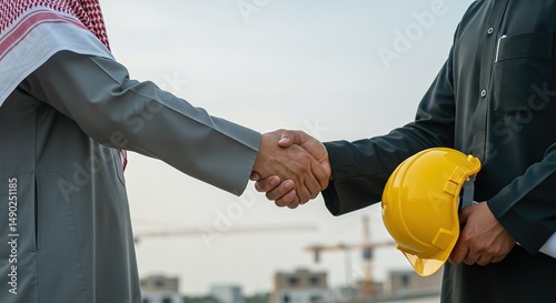 Two men shaking hands with construction site and hard hat in background.