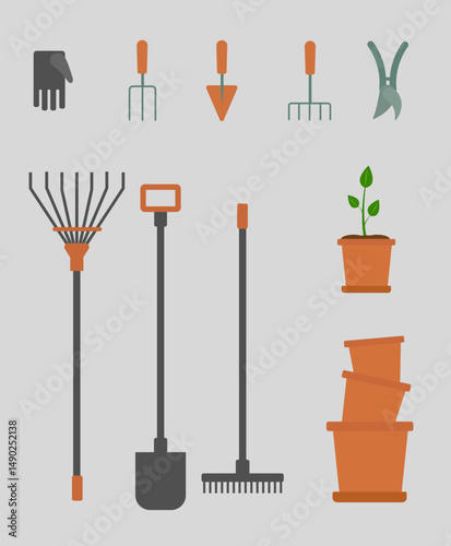 Vector set of farm elements in cartoon style isolated on gray background. Agricultural things and products used for magazine, book, poster, postcard. Set of equipment for transplanting house plants