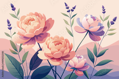 Soft pastel floral arrangement with peonies and lavender vector illustration