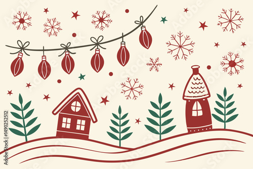 Seamless Christmas background with festive lights and falling snow vector illustration