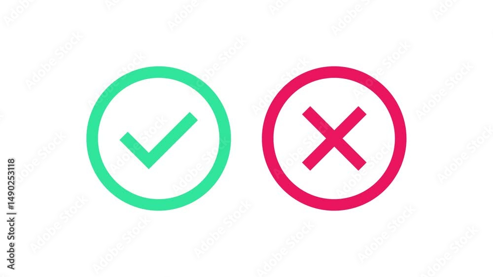 Green check mark and red cross mark animation with animated checklist signs and approval badges. Flat modern style on transparent 4K background for UI use.