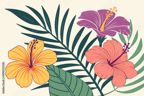 Summer flowers and palm leaves lush tropical colors vector illustration