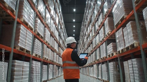 Warehouse Logistics: A worker inspects stock with a tablet within a vast warehouse, efficiently managing inventory and ensuring smooth operations and streamlined supply chain.
