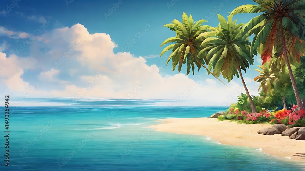 Fototapeta premium A serene beach scene featuring palm trees, turquoise water, and a partly cloudy sky in the background