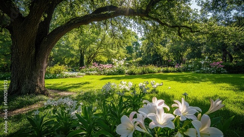 Serene Garden Landscape: Sunlit Lilies Under Majestic Oak
