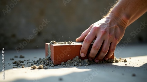 A hand carefully places a brick, mortar clinging to its edges, onto a foundation, preparing for construction