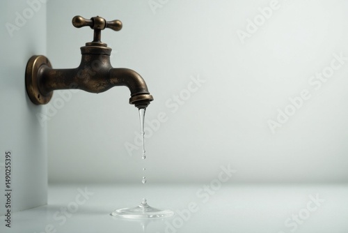 A solitary antique faucet with a slow, deliberate drip of water against a minimalist backdrop