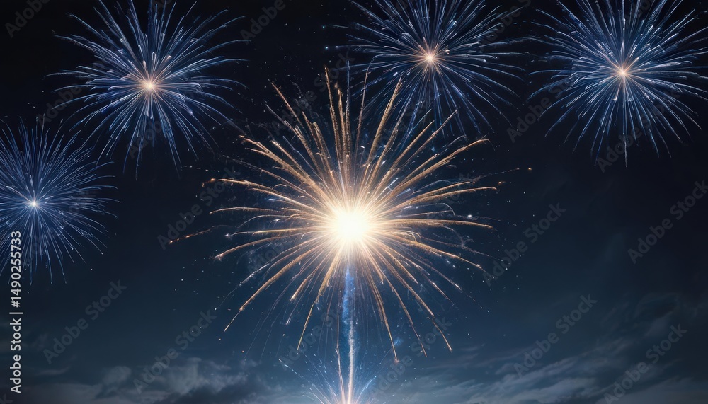 Naklejka premium Isolated blue fireworks burst against a starlit night sky , dark, sparkler