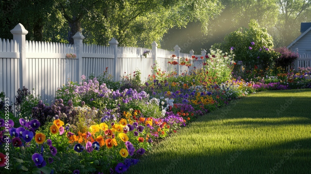 Naklejka premium Serene Sunrise Garden: A vibrant flower bed blossoms behind a white picket fence, bathed in the warm morning light, creating a peaceful and picturesque scene.