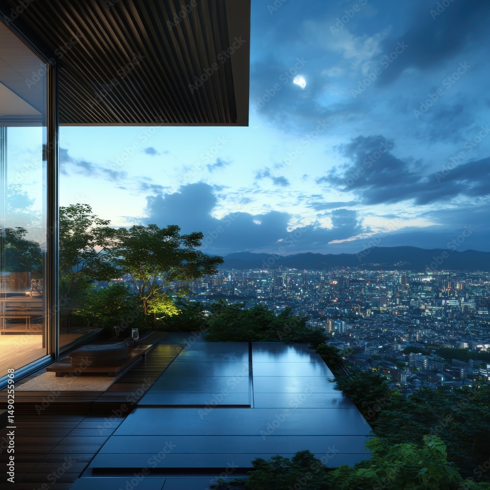 Fototapeta premium Evening cityscape view from modern house urban landscape photography tranquil environment aesthetic perspective