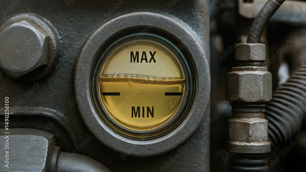 Hydraulic mechanism gauge with liquid level indicator between max and min marks on industrial machinery for precise fluid control and monitoring