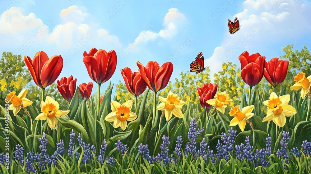 Fototapeta premium Vibrant Spring Meadow: Tulips, Daffodils, and Butterflies