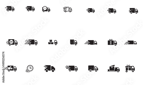 Set of Black and White Delivery Truck Icons,A collection of simple, black silhouette icons depicting various delivery trucks with different cargo types and speed indicators on white background