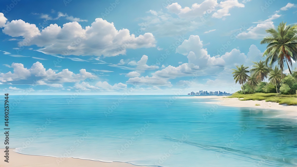 Fototapeta premium A serene beach scene featuring turquoise water palm trees and a distant cityscape under a cloudy sky
