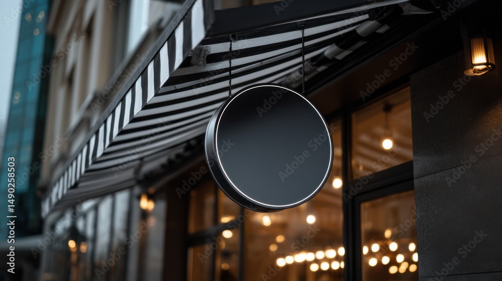 Fototapeta premium Shop Sign Exterior: A meticulously crafted storefront facade showcases an elegant shop sign with a sleek, modern design, accentuated by a striped awning, and illuminated by soft, ambient lighting. 