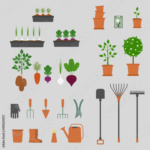 Vector set of garden tools and potted plants isolated on gray background. Set of equipment for replanting house plants. Large set of garden elements and tools.