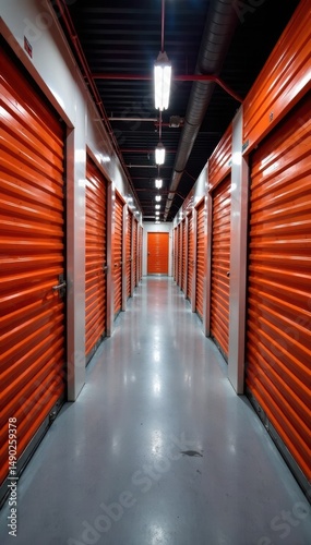 Rows of self storage units with closed doors and metal gates, facility, metal