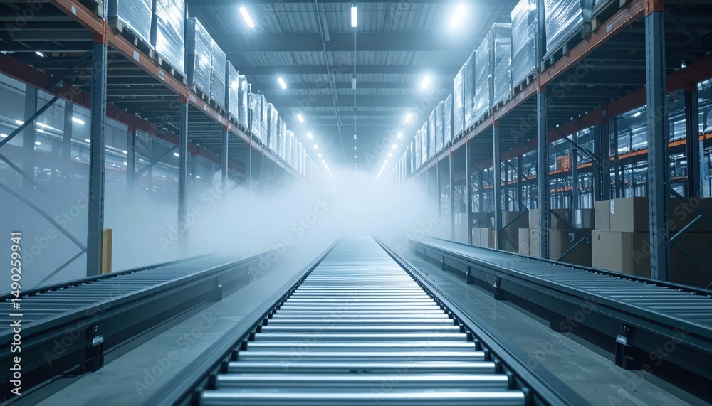 Fototapeta premium High Tech Pallet Racking System with Conveyor Belts and Fog Effects
