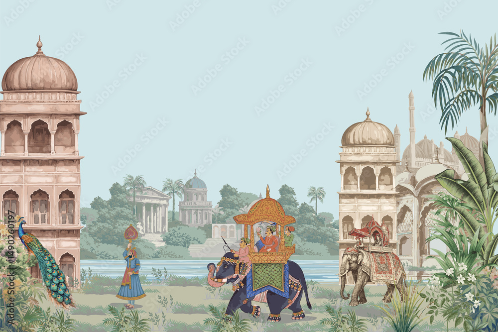 custom made wallpaper toronto digitalSeamless vintage pattern of Mughal emperors on elephants, surrounded by rivers, trees, and floral beauty illustration