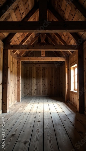Rustic barn with exposed beams and wooden floors, old doors, countryside feel