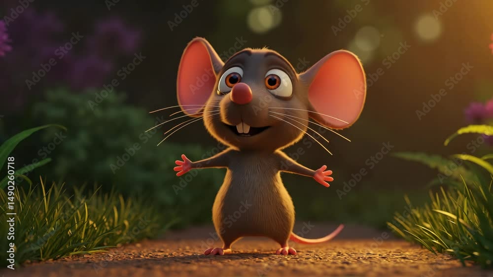 Cartoon mouse with big eyes says hello with curious mood walking against a garden