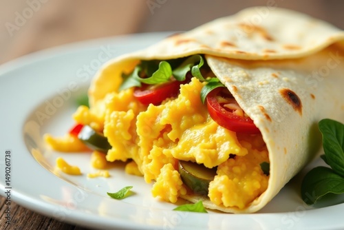 Scrambled eggs wrapped in flour tortilla with shredded cheese and saut?ed vegetables inside, cheese, scrambled eggs