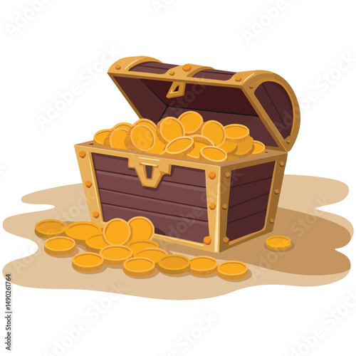 Ancient wooden box filled with golden treasures isolated vector illustration