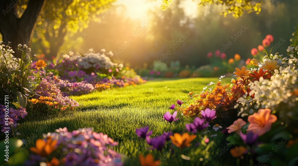 Fototapeta premium Sunlit Garden of Blooming Flowers: A Serene Spring Landscape