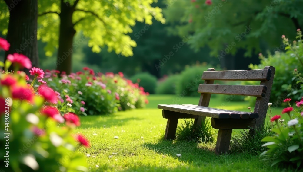 Serene garden scene with wooden bench, lush greenery and vibrant flowers, outdoor seating, florals Serene garden scene with wooden bench, lush greenery and vibrant flowers, outdoor seating, florals