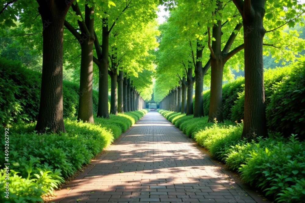 Serene garden walkway lined with tall trees and vibrant greenery , foliage, scenery Serene garden walkway lined with tall trees and vibrant greenery , foliage, scenery