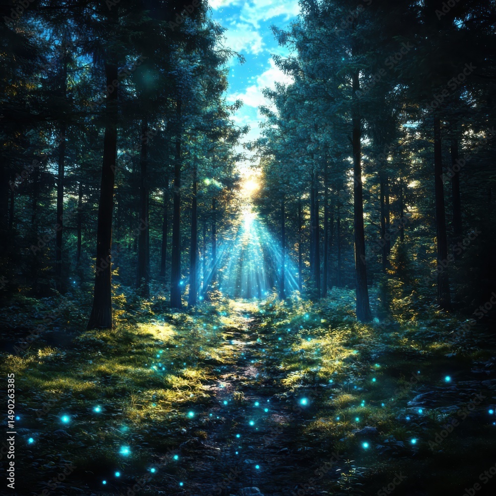 Fototapeta premium Mystical light breaking through the trees enchanted forest photography nature landscape serenity