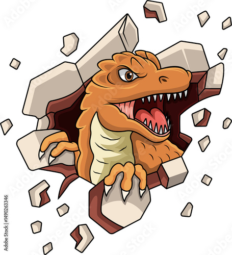 A furious dinosaur bursting through a wall