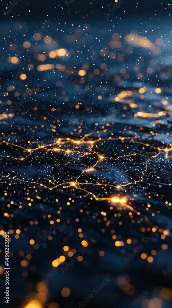 Naklejka premium Illuminated abstract patterns digital space visual artwork nighttime aerial view technology concept