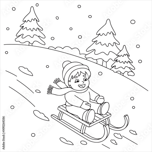 Fun and Easy Kids Coloring Page of a Happy Child Sledding in the Snow