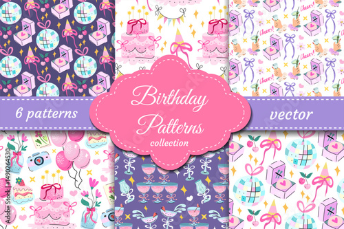 Cute and colorful birthday vector patterns with cakes, disco balls, gifts, champagne, balloons and sweets. Perfect for kids, party decor, wrapping and greeting cards