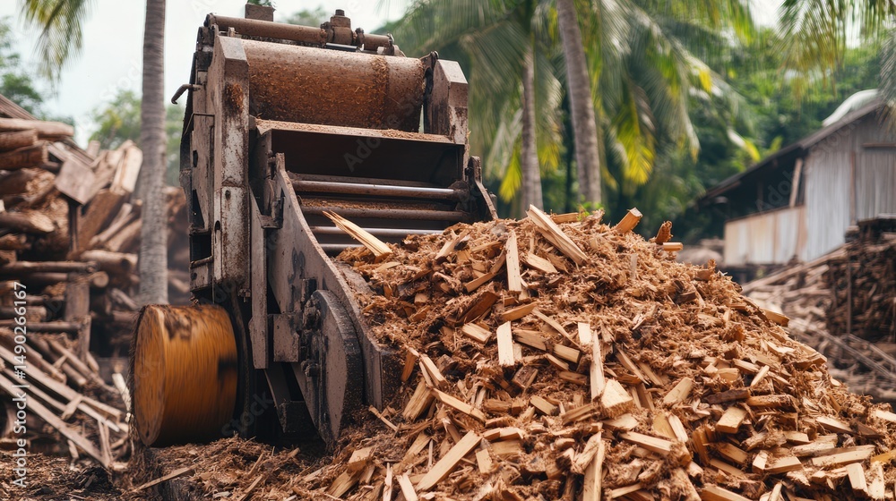 Fototapeta premium Industrial wood chipper machine processing peeled logs into small chips