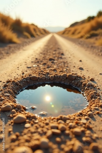 Reflective Puddle on a Sun-Drenched Dirt Road, a Scenic Vista of Nature's Simple Beauty