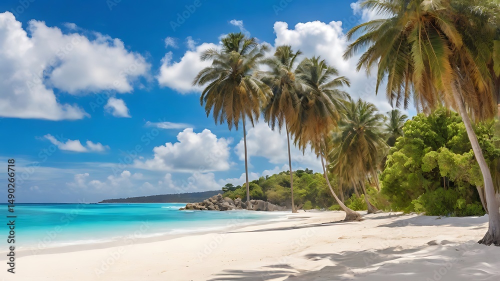Obraz premium Idyllic tropical beach scene with palm trees turquoise water and white sandy shoreline