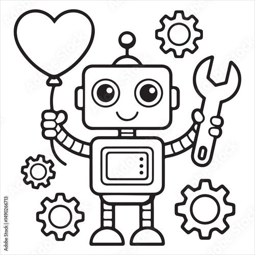 Fun and Easy Kids Coloring Page of a Smiling Robot with a Heart Balloon and Gears