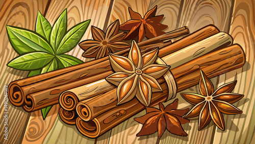 Aromatic Cinnamon Sticks and Anise Stars on Wooden Background – Spices for Cooking, Baking, and Seasonal Aromatherapy