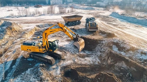 Heavy Machinery Construction Site: An industrial landscape showcasing a yellow excavator diligently excavating earth, with a tipper truck and bulldozer nearby.