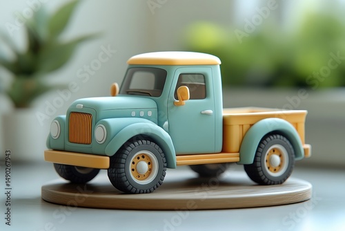 Pastel-colored truck model, displayed on a round base.