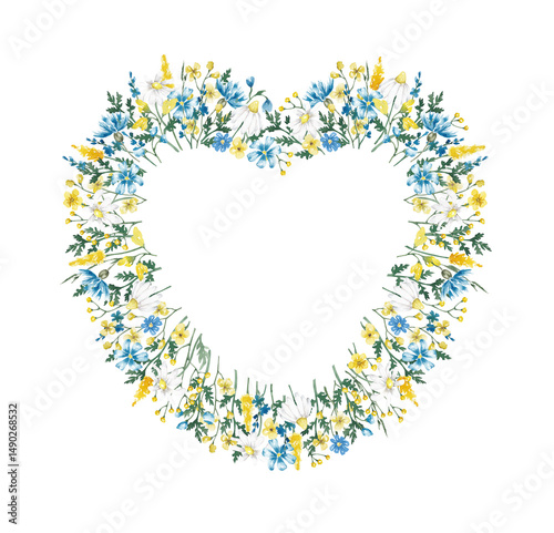 Fototapeta Naklejka Na Ścianę i Meble -  Wild flowers frame, border. Summer meadow composition hand drawn with watercolor. Elegant heart shaped design for card, banner, invitation