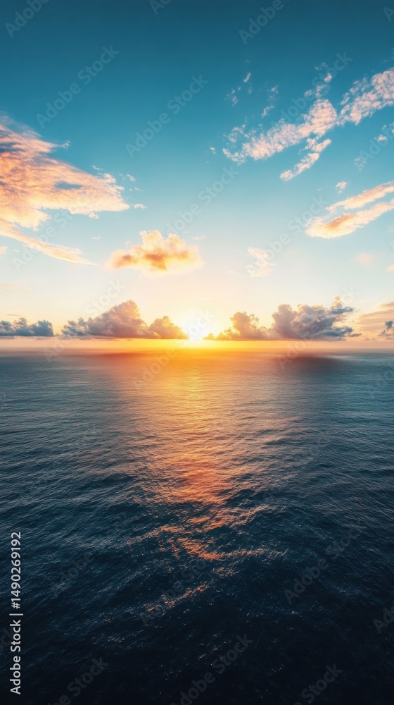 Obraz premium Sunset reflection over calm ocean waters coastal landscape nature photography serene environment wide-angle view
