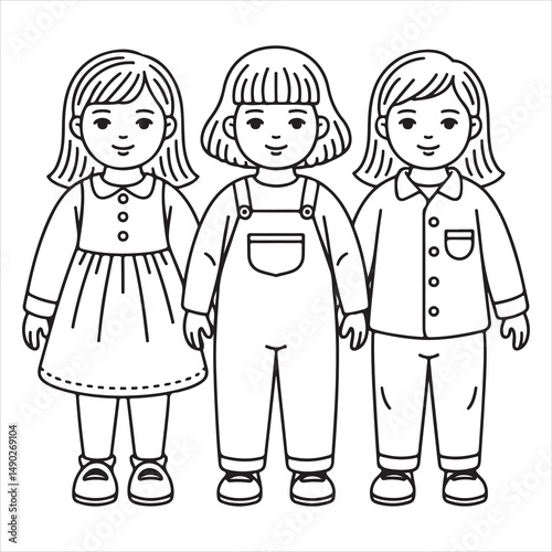 Fun and Easy Kids Coloring Page of Three Smiling Children in Playful Outfits