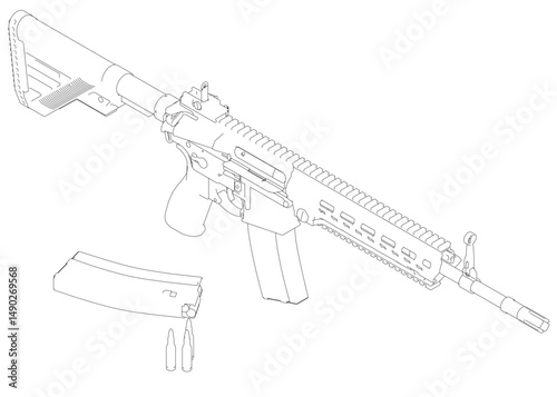 A gun is shown in a black and white drawing. The gun is a rifle with a long barrel and a black stock. The gun is laying on its side, with the barrel pointing to the right