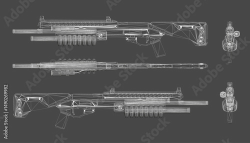 Different views of a gun, one of which is a close up of the barrel. The gun is white and has a black handle