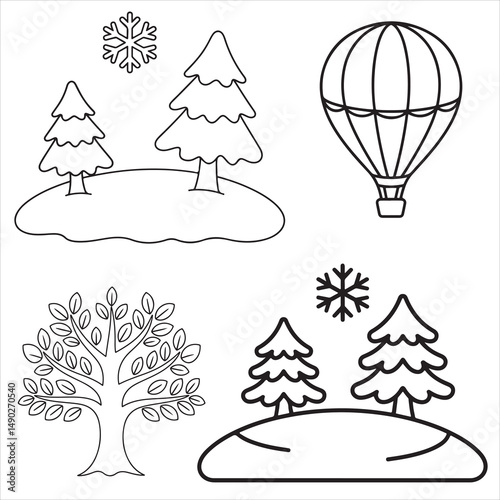 Hot Air Balloon with Winter Trees and Snowflakes Coloring Page for Kids