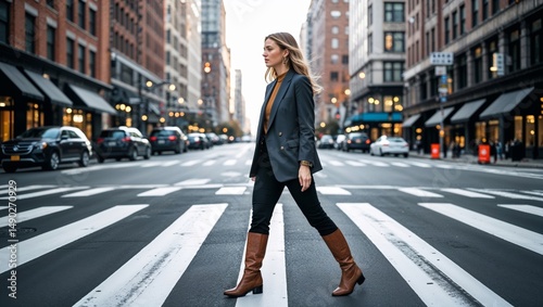 City-ready style with woman in blazer and boots crossing urban crosswalk